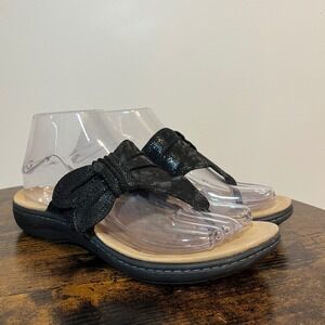 Clarks Sandals Thong Laurieann Rae Black Glimmer Flip Flop Womens 6.5 Comfort